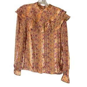 100% Silk Colorful Ruffle Blouse Size 10 Peach Magenta